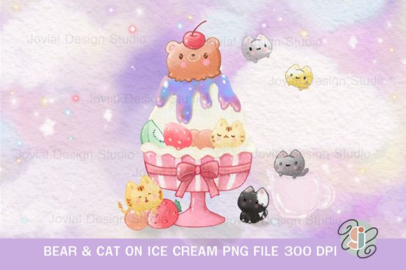 Bear Cat on Ice Cream Watercolour PNG Graphics