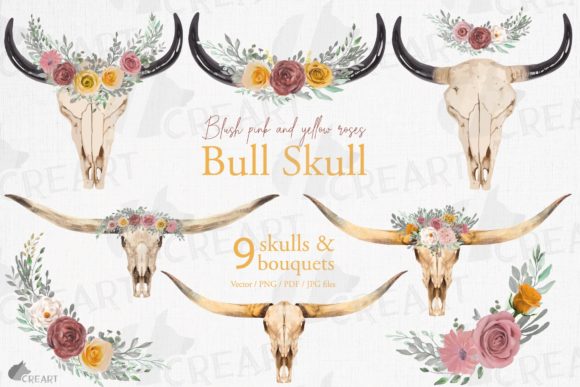 Blush and Yellow Roses Floral Bull Skull: Graphics for Print Templates