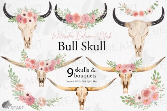 Floral Bull Skull, Blush Pink Bouquets: Graphics & Print Templates