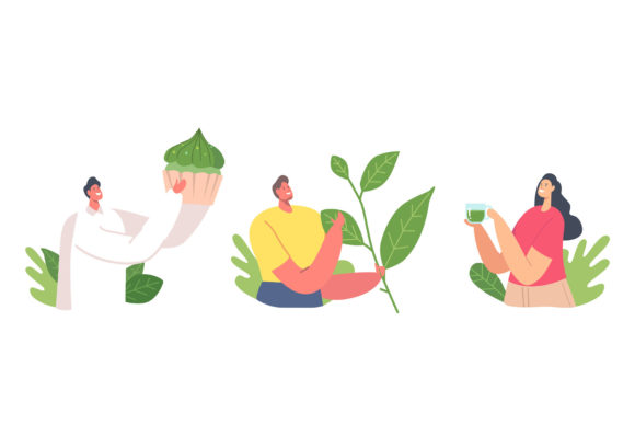 Set of People Drinking Matcha Tea Graphics